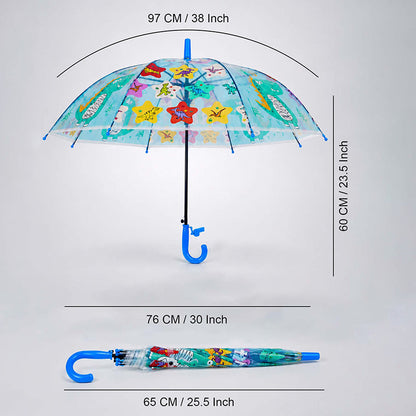 Transparent Little Dino Panel Blue Handle Printed Umbrella for Kids-3-6Y