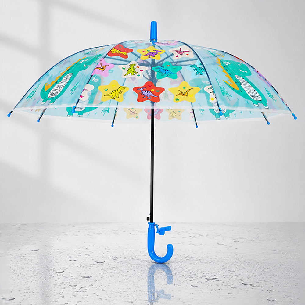 Transparent Little Dino Panel Blue Handle Printed Umbrella for Kids-3-6Y
