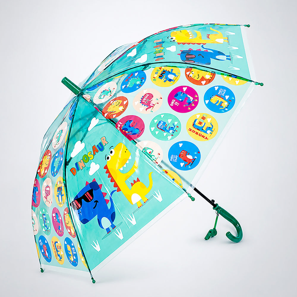 Transparent Dual Dino Panel Green Handle Printed Umbrella for Kids-3-6Y