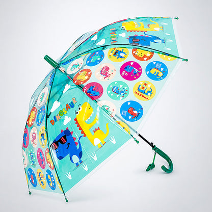 Transparent Dual Dino Panel Green Handle Printed Umbrella for Kids-3-6Y