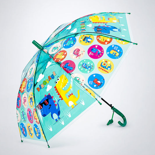 Transparent Dual Dino Panel Green Handle Printed Umbrella for Kids-3-6Y