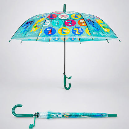 Transparent Dual Dino Panel Green Handle Printed Umbrella for Kids-3-6Y