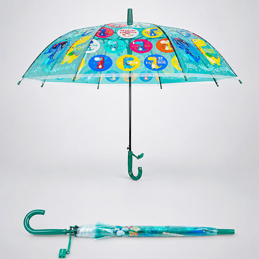 Transparent Dual Dino Panel Green Handle Printed Umbrella for Kids-3-6Y