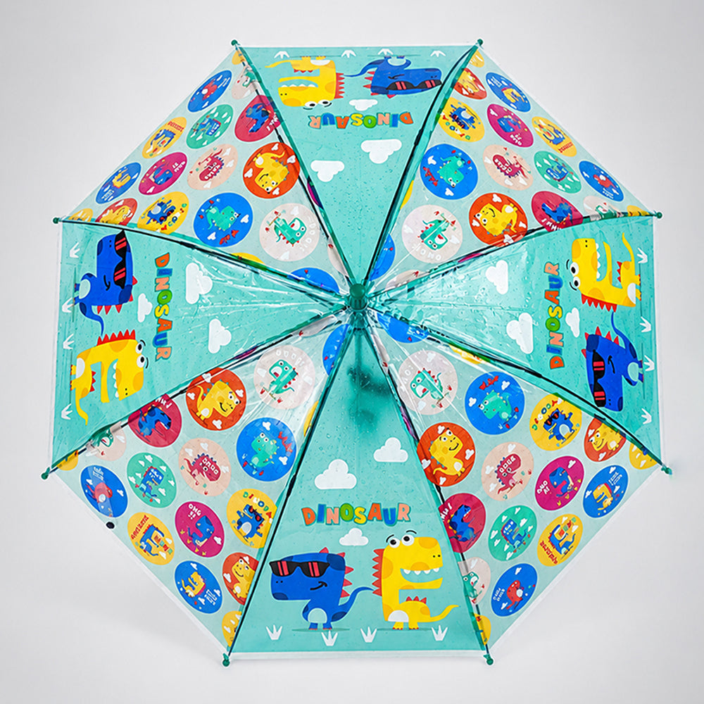 Transparent Dual Dino Panel Green Handle Printed Umbrella for Kids-3-6Y