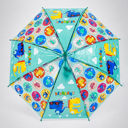 Transparent Dual Dino Panel Green Handle Printed Umbrella for Kids-3-6Y
