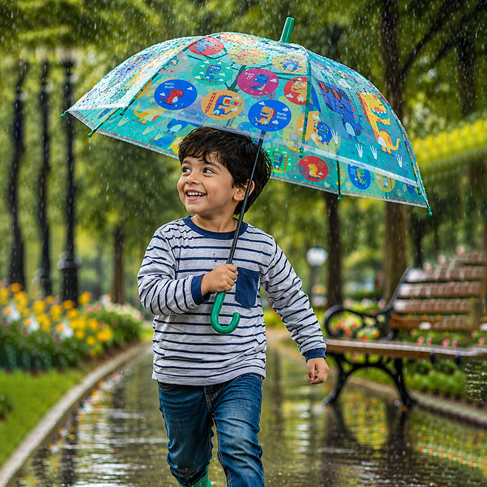 Transparent Dual Dino Panel Green Handle Printed Umbrella for Kids-3-6Y