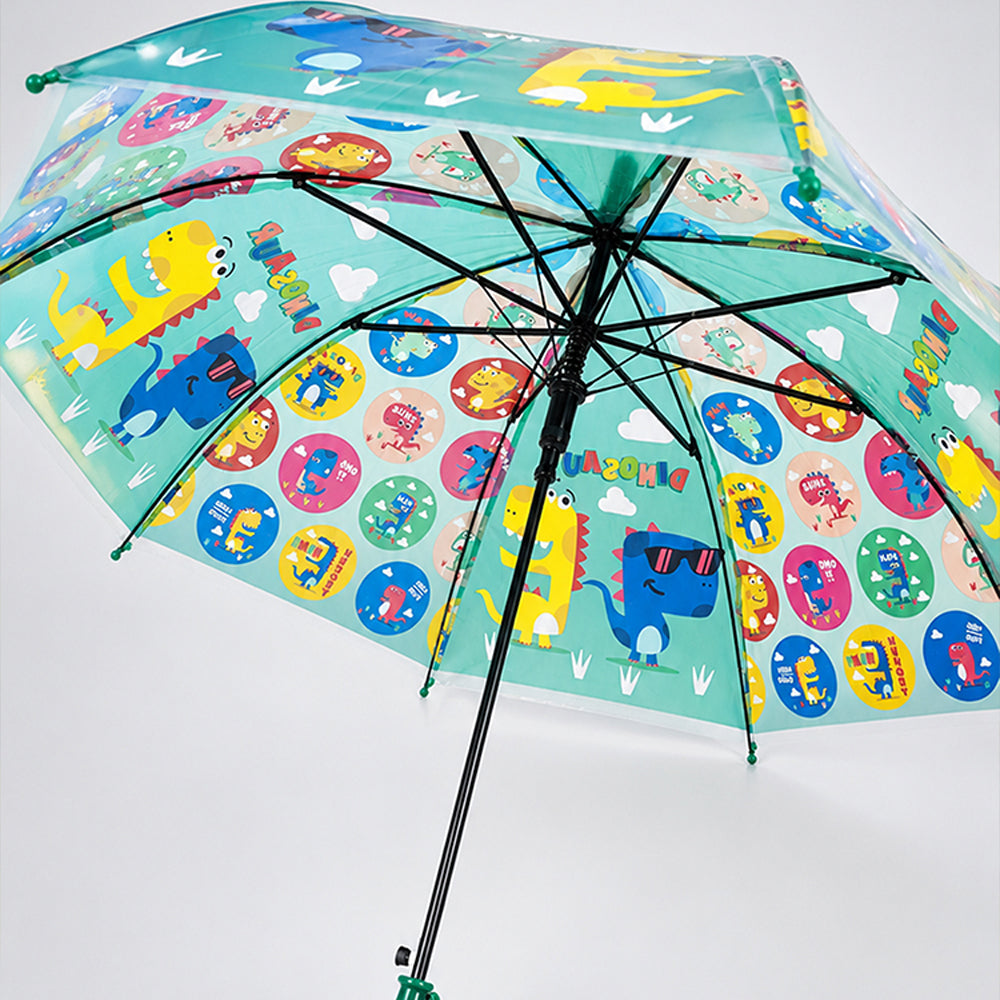 Transparent Dual Dino Panel Green Handle Printed Umbrella for Kids-3-6Y