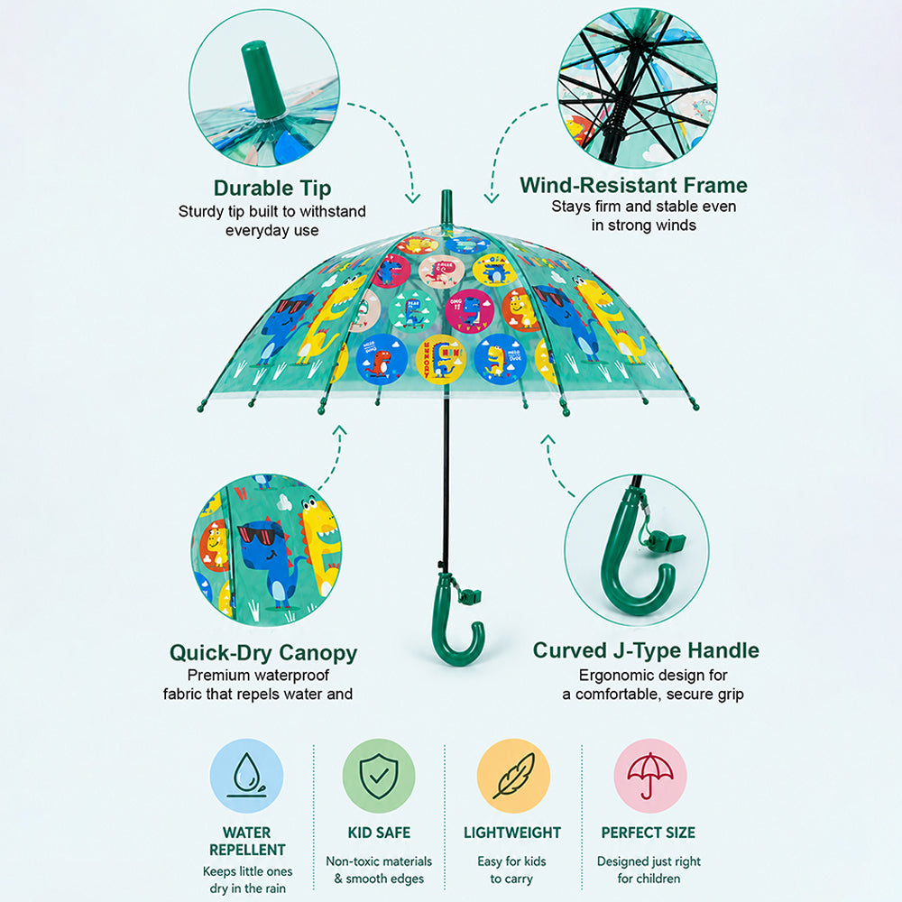 Transparent Dual Dino Panel Green Handle Printed Umbrella for Kids-3-6Y