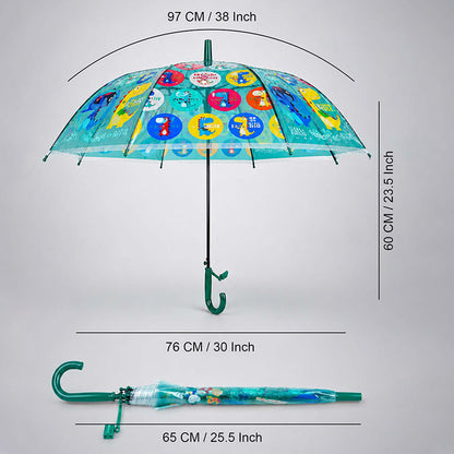 Transparent Dual Dino Panel Green Handle Printed Umbrella for Kids-3-6Y