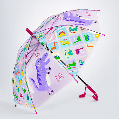 Transparent Dino Panel Pink Handle Printed Umbrella for Kids-3-6Y
