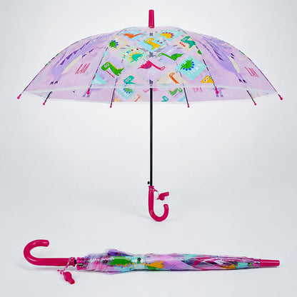 Transparent Dino Panel Pink Handle Printed Umbrella for Kids-3-6Y