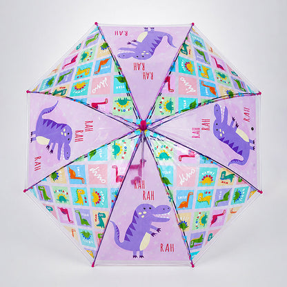 Transparent Dino Panel Pink Handle Printed Umbrella for Kids-3-6Y