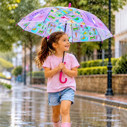 Transparent Dino Panel Pink Handle Printed Umbrella for Kids-3-6Y