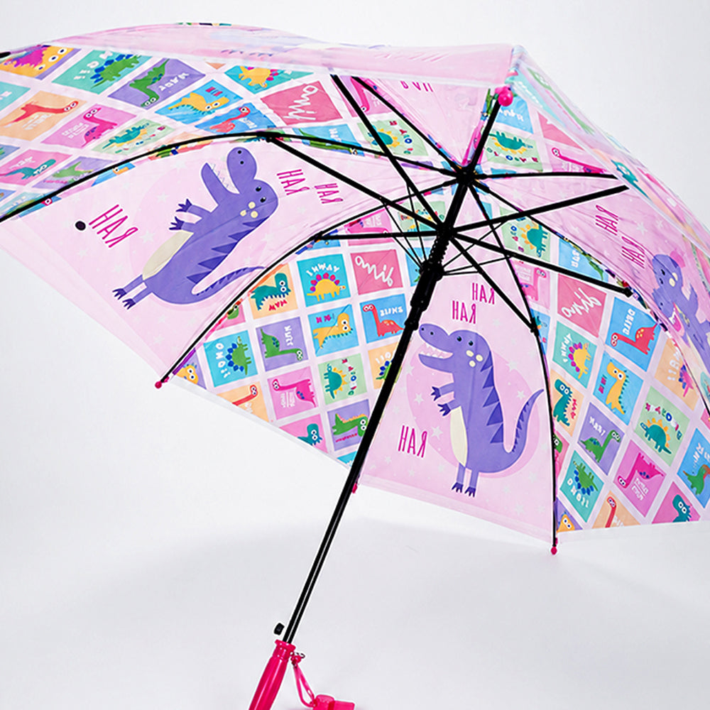Transparent Dino Panel Pink Handle Printed Umbrella for Kids-3-6Y