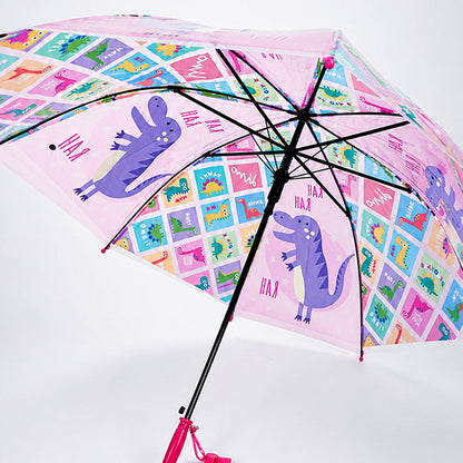 Transparent Dino Panel Pink Handle Printed Umbrella for Kids-3-6Y