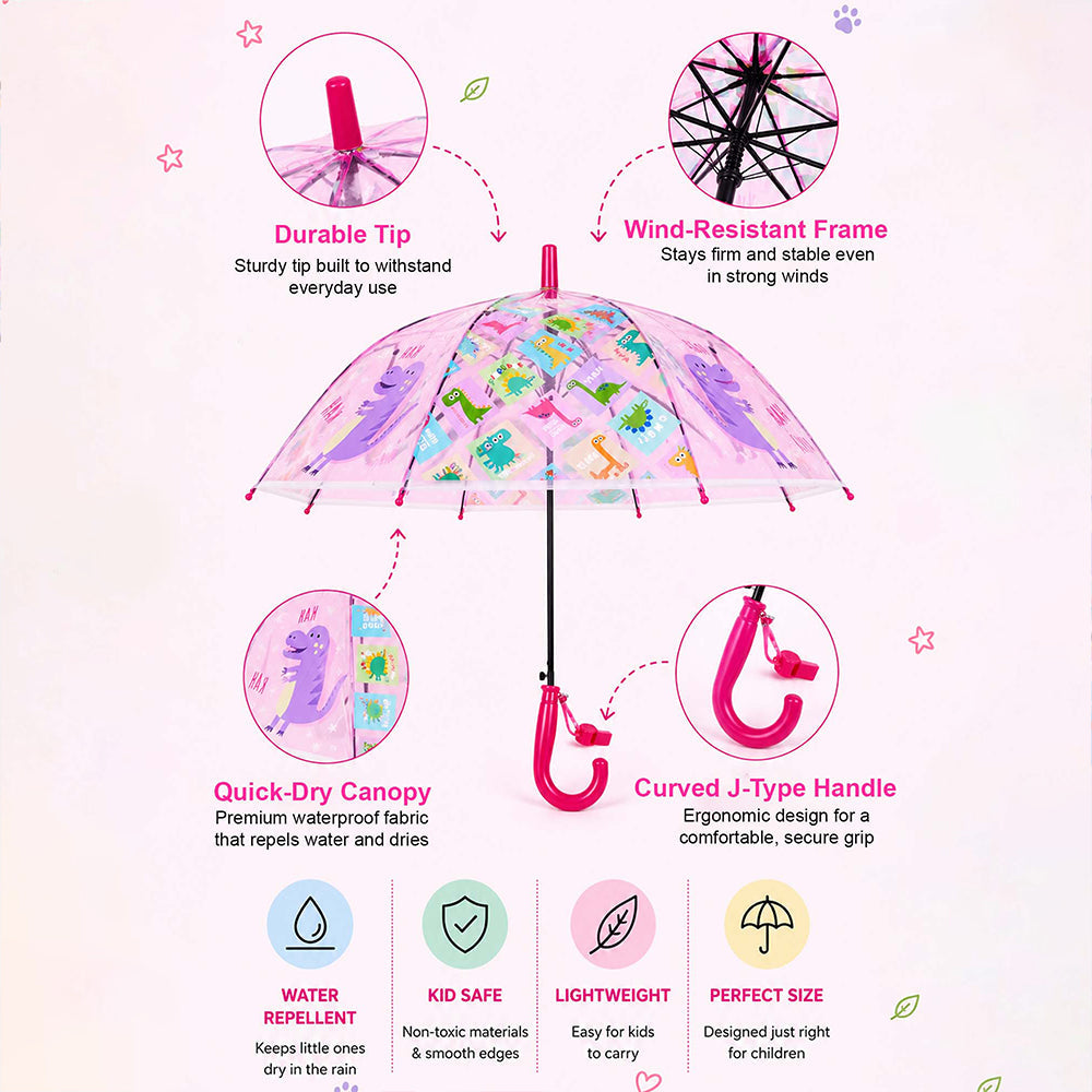 Transparent Dino Panel Pink Handle Printed Umbrella for Kids-3-6Y