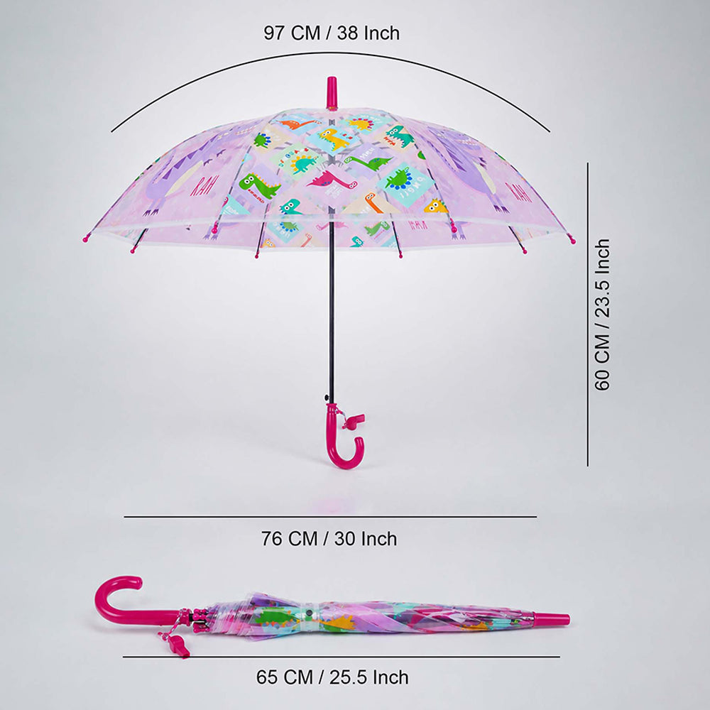 Transparent Dino Panel Pink Handle Printed Umbrella for Kids-3-6Y