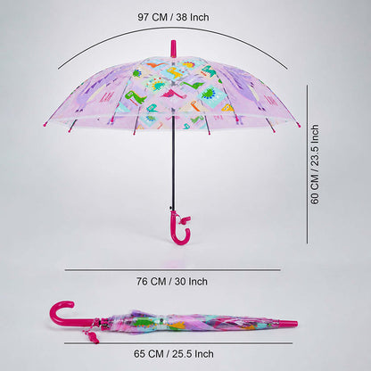 Transparent Dino Panel Pink Handle Printed Umbrella for Kids-3-6Y