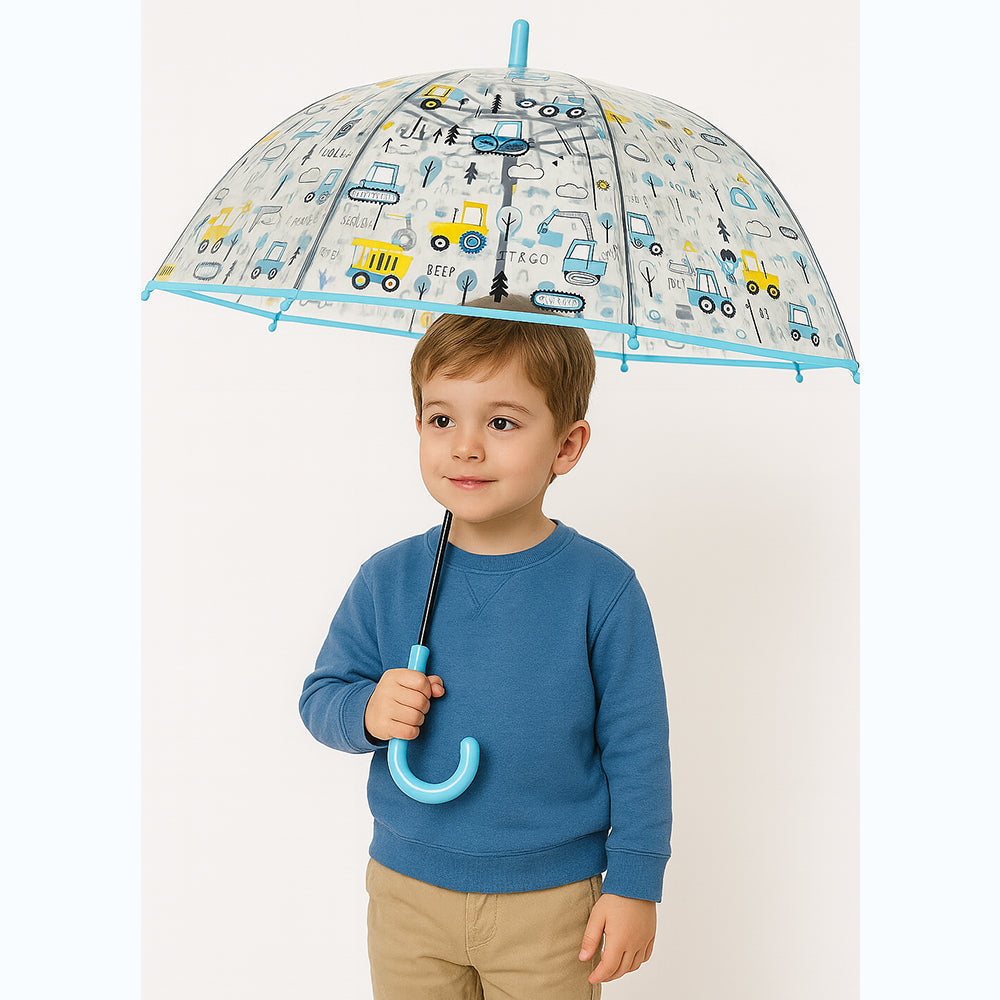 Light Blue Dome style construction theme Transparent Umbrella for Kids, 1-5years - Little Surprise Box