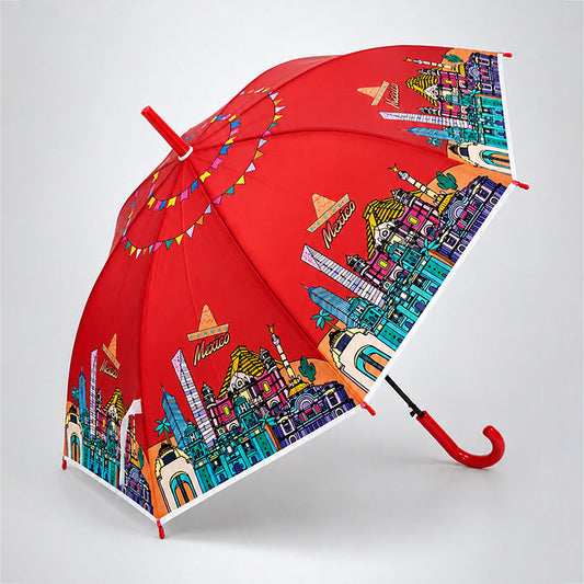 Maroon Mexico Landmark Print Umbrella for Teens & Adults