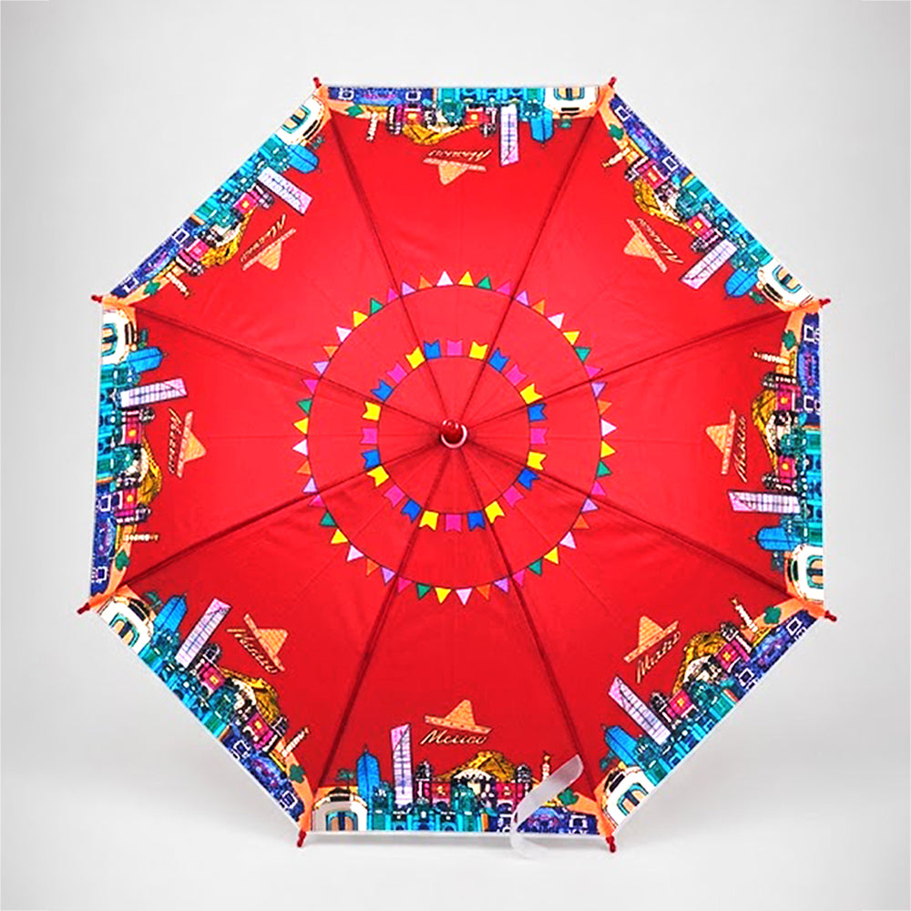 Maroon Mexico Landmark Print Umbrella for Teens & Adults