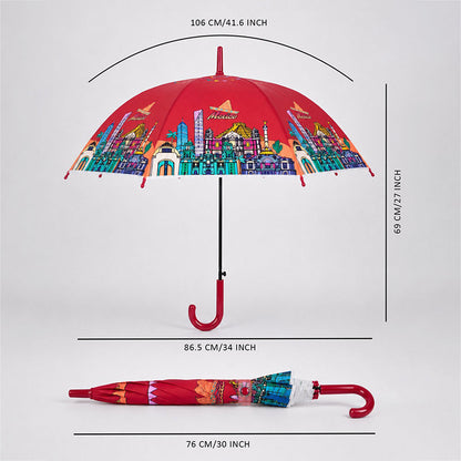 Maroon Mexico Landmark Print Umbrella for Teens & Adults