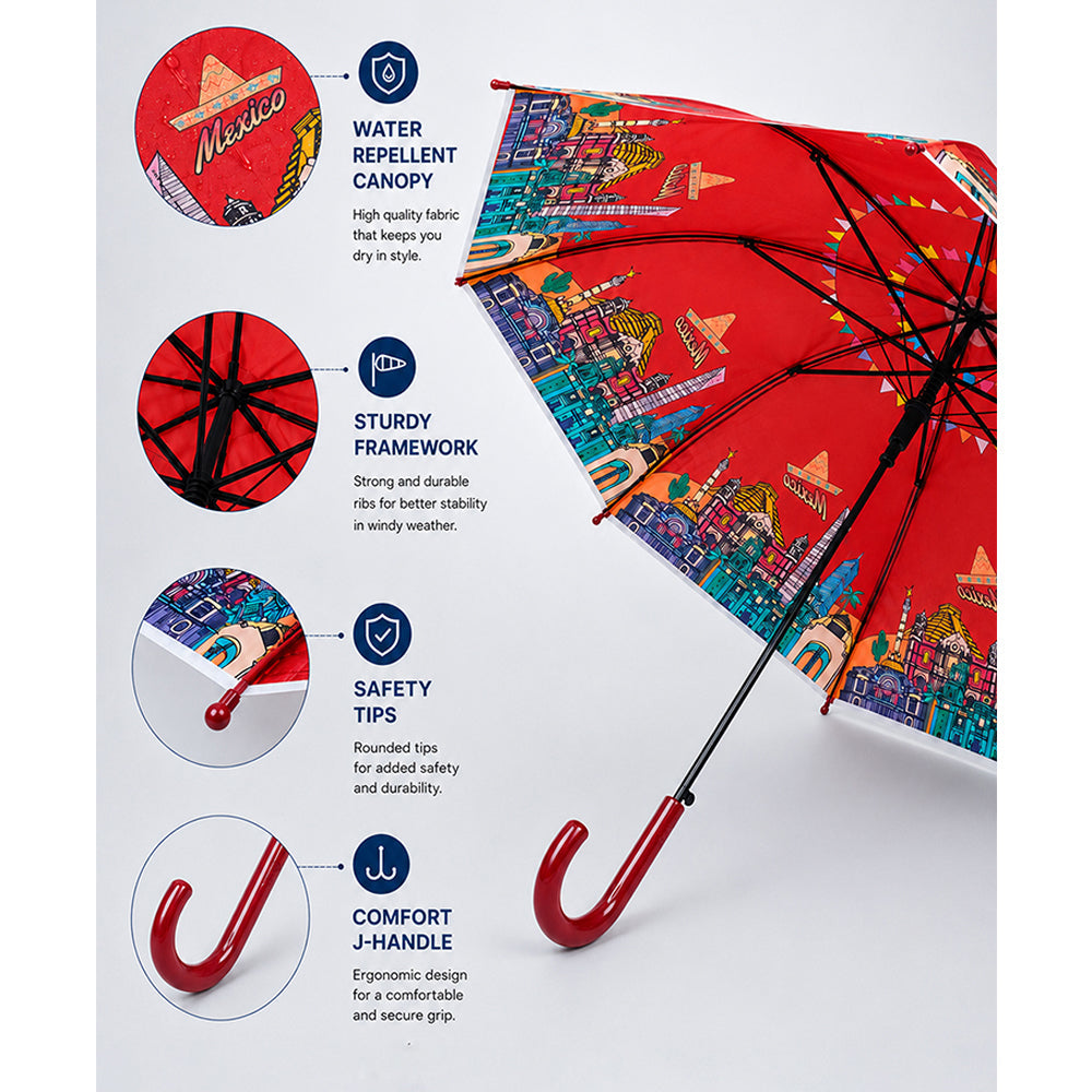 Maroon Mexico Landmark Print Umbrella for Teens & Adults