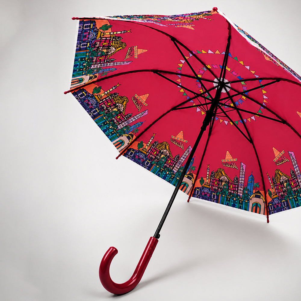 Maroon Mexico Landmark Print Umbrella for Teens & Adults