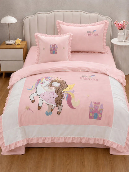 4 Pcs Unicorn & Princess Theme Embroidered Single Bed Bedding Set