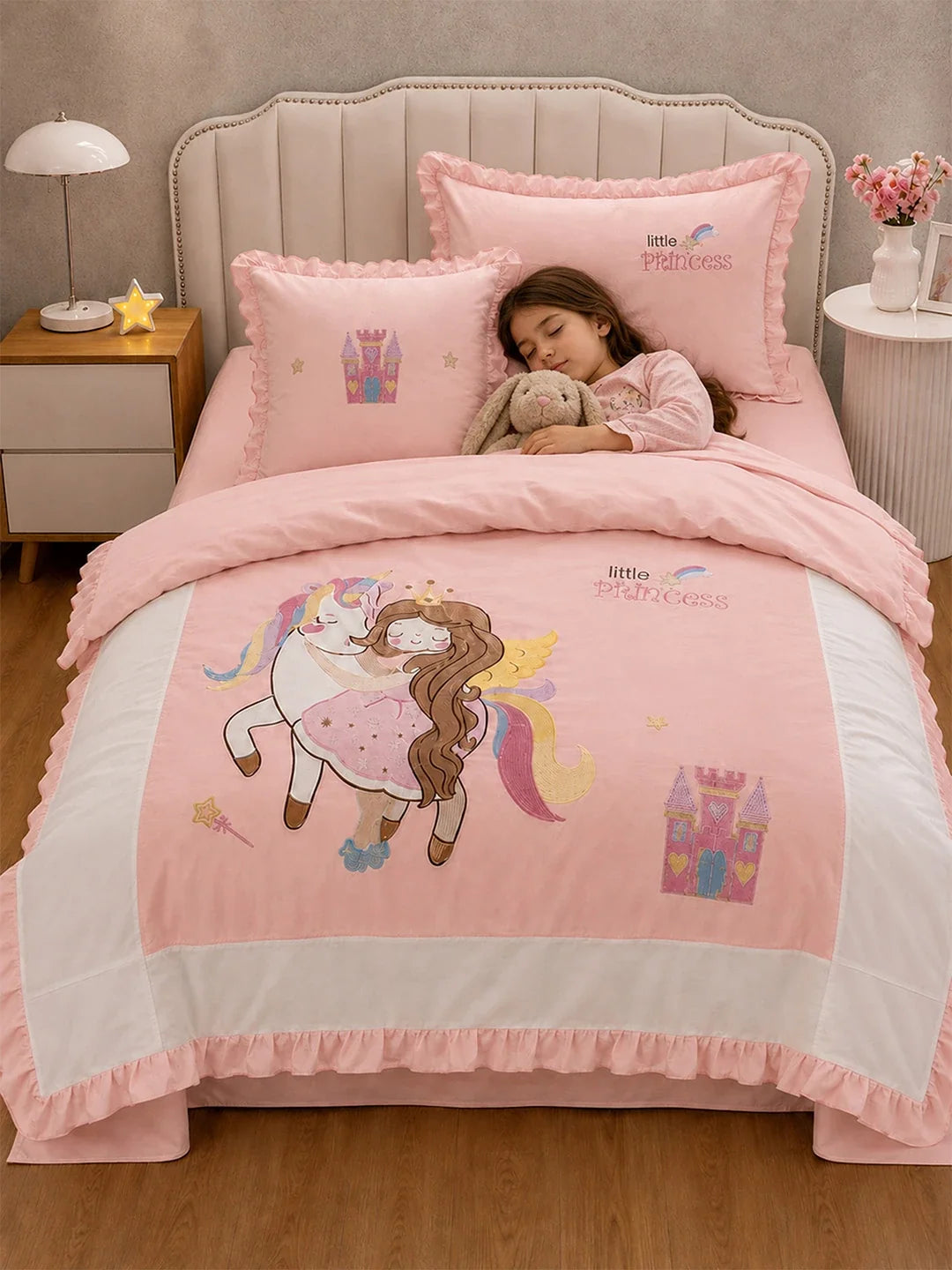 4 Pcs Unicorn & Princess Theme Embroidered Single Bed Bedding Set