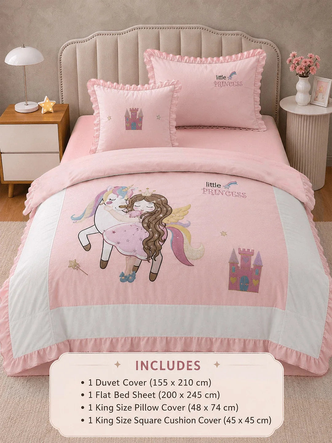 4 Pcs Unicorn & Princess Theme Embroidered Single Bed Bedding Set