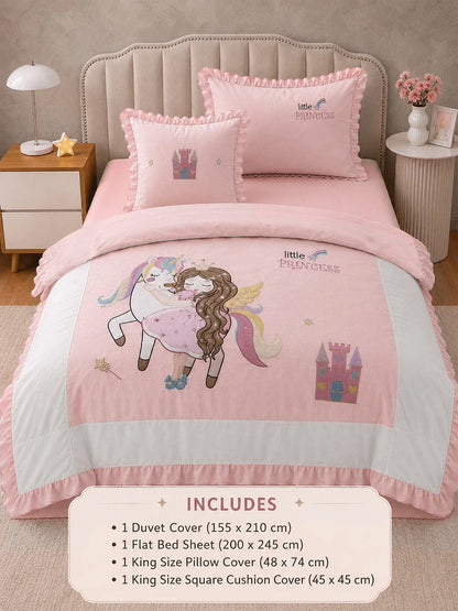 4 Pcs Unicorn & Princess Theme Embroidered Single Bed Bedding Set