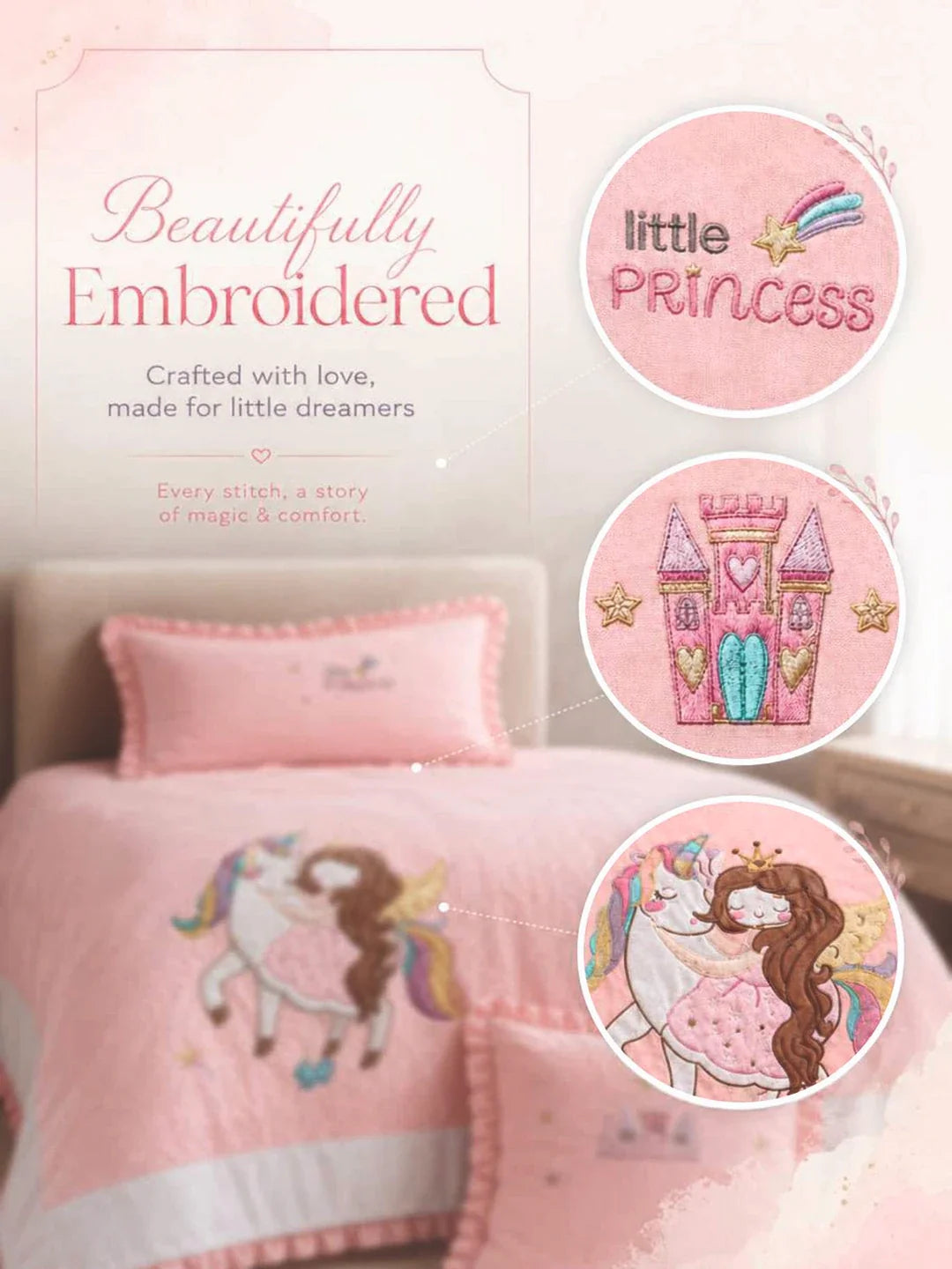 4 Pcs Unicorn & Princess Theme Embroidered Single Bed Bedding Set