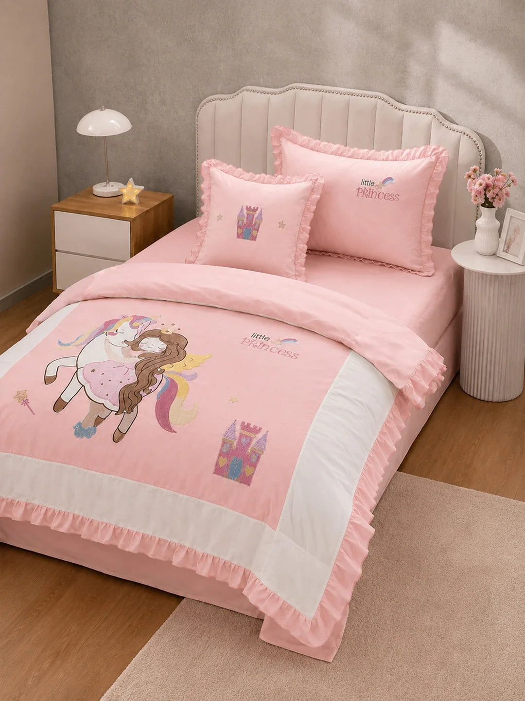 4 Pcs Unicorn & Princess Theme Embroidered Single Bed Bedding Set