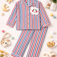Cotton Striped Night Suit with Front Open Shirt & Cute Patch - Multi Color