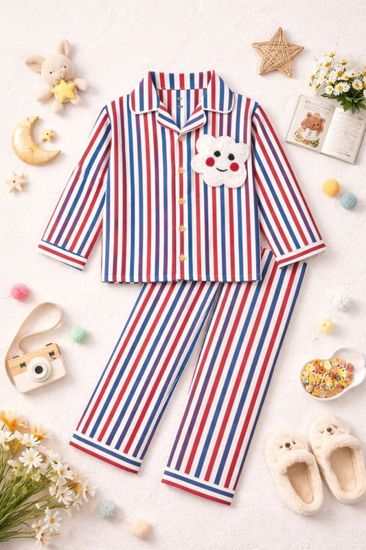 Cotton Striped Night Suit with Front Open Shirt & Cute Patch - Multi Color