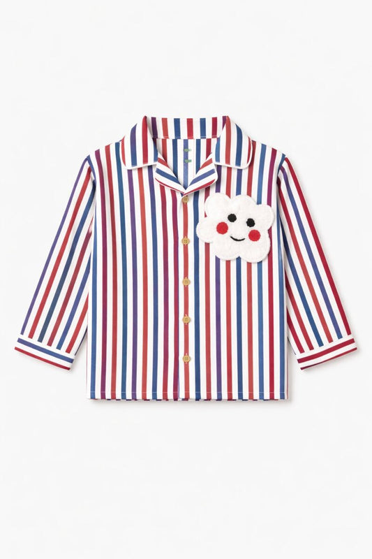 Cotton Striped Night Suit with Front Open Shirt & Cute Patch - Multi Color
