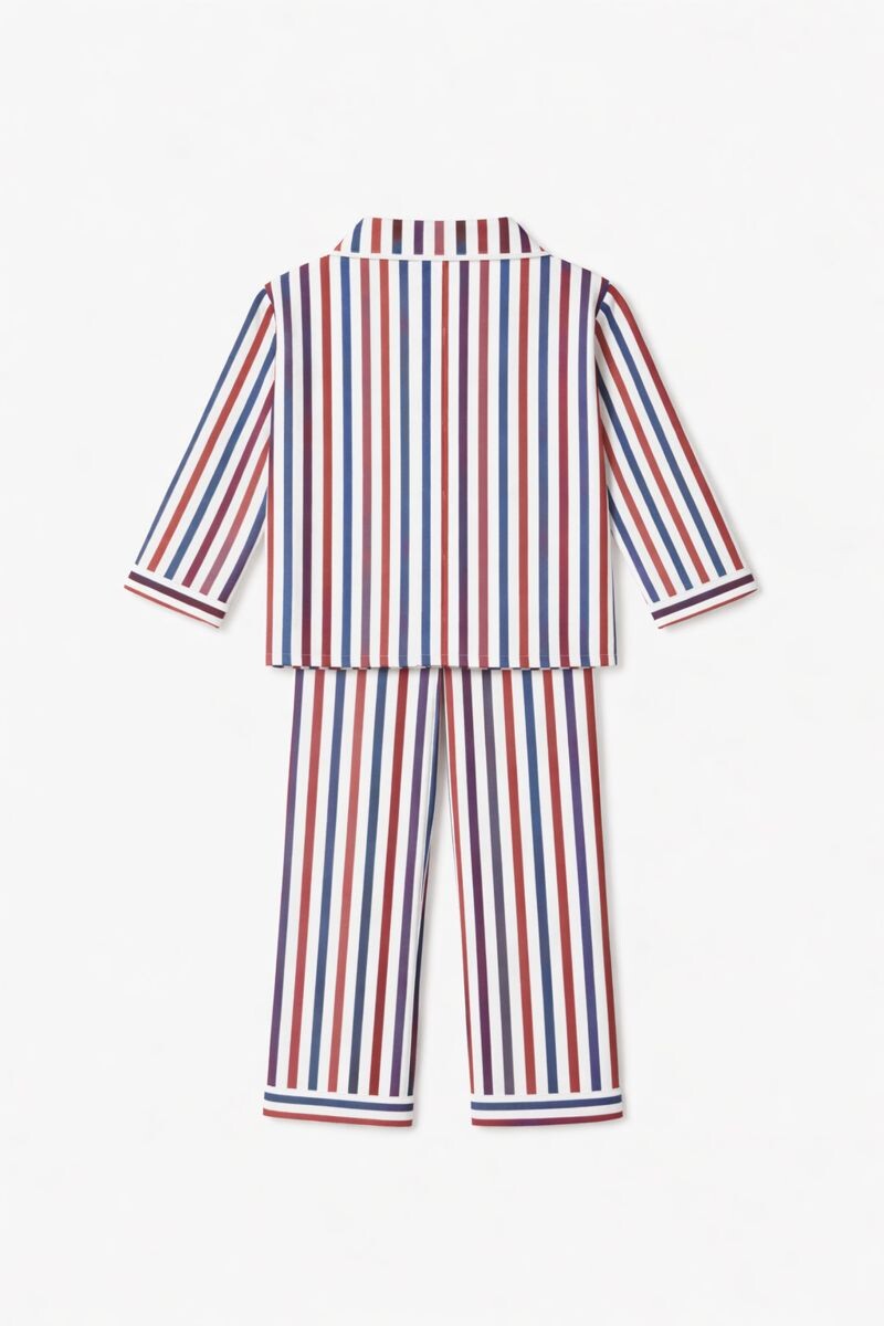 Cotton Striped Night Suit with Front Open Shirt & Cute Patch - Multi Color