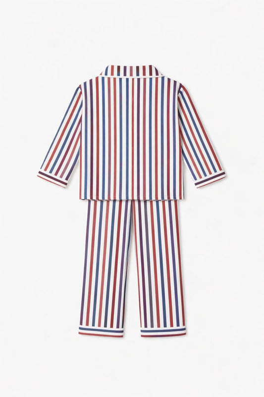 Cotton Striped Night Suit with Front Open Shirt & Cute Patch - Multi Color