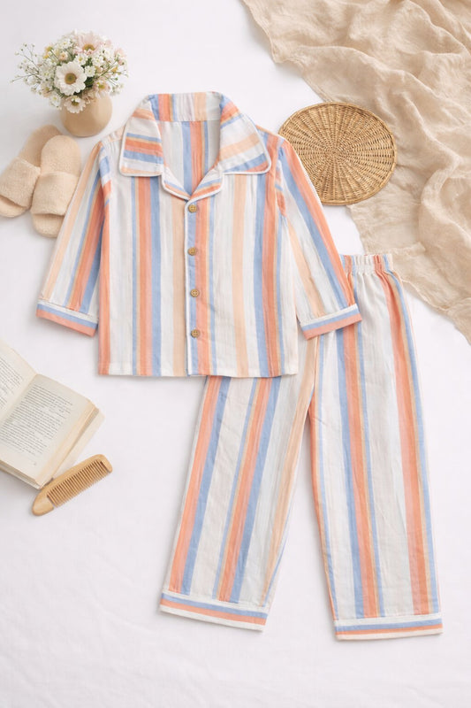 Cotton Multi Stripe Full Sleeves Nightsuit Set – Soft Breathable Pajama Set