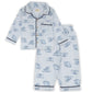 Children's pajama set with blue animal pattern on a white background
