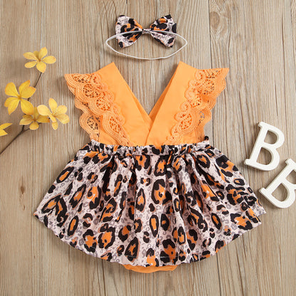 Baby Girl Leopard-Print Tutu Romper Dress with Headband – Orange