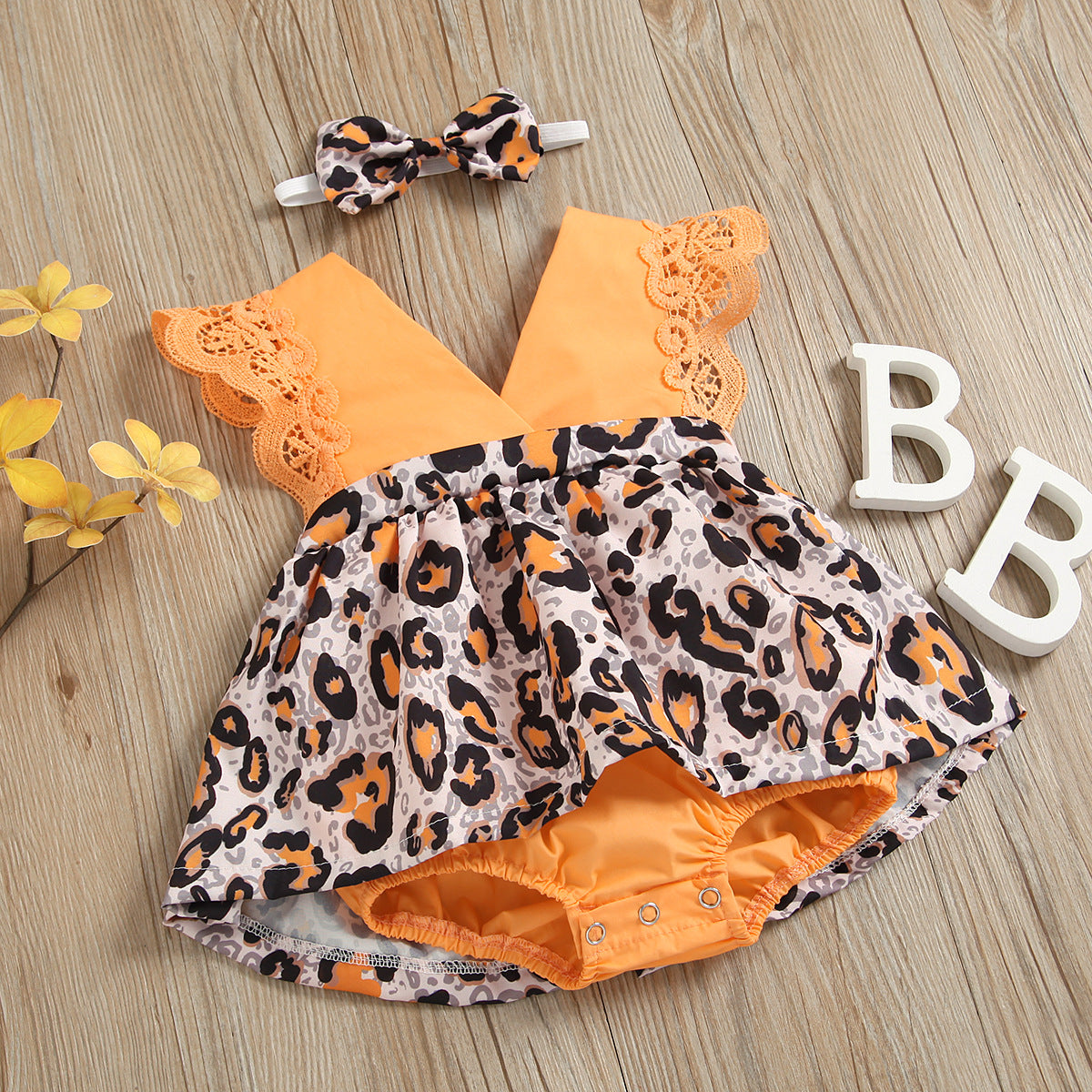 Baby Girl Leopard-Print Tutu Romper Dress with Headband – Orange