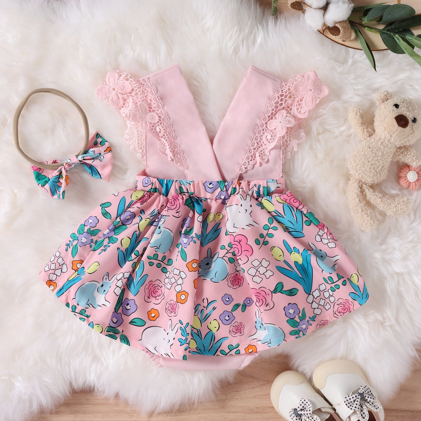 Baby Girl Ruffled Lace Cartoon Romper Dress with Headband – Pink