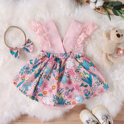 Baby Girl Ruffled Lace Cartoon Romper Dress with Headband – Pink