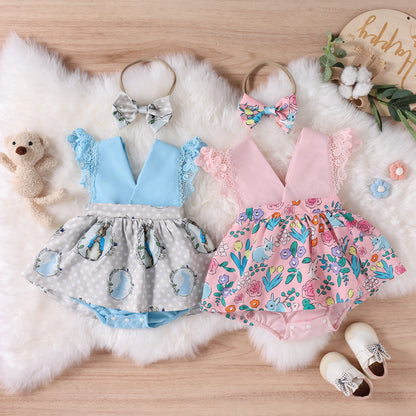 Baby Girl Ruffled Lace Cartoon Romper Dress with Headband – Blue
