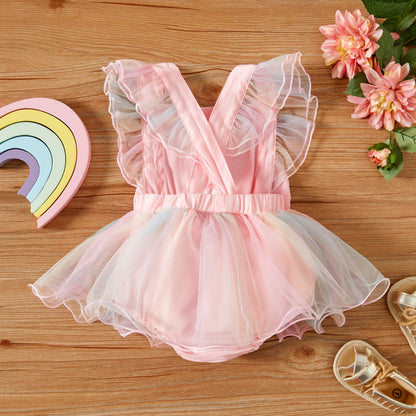 Baby Girl Rainbow Tulle Romper Dress – Pink
