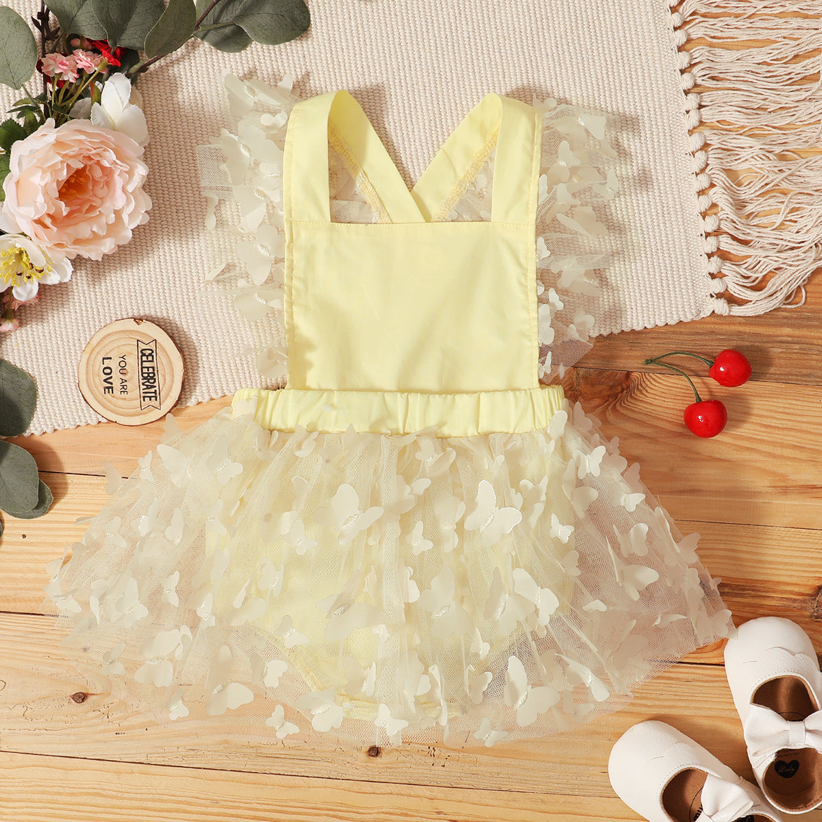 Baby Girl Butterfly Tulle Romper Dress – Yellow