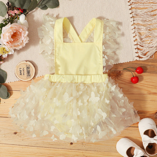 Baby Girl Butterfly Tulle Romper Dress – Yellow