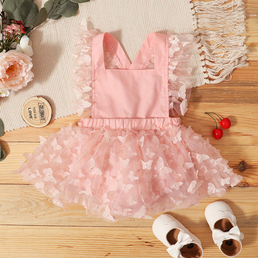 Baby Girl Butterfly Tulle Romper Dress – Pink